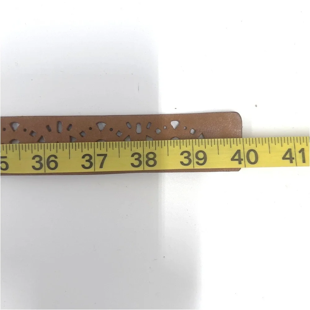 Men's Tan Leather Belt Geometric Punch Cut-Out Antique Brass Buckle Boho M 40
